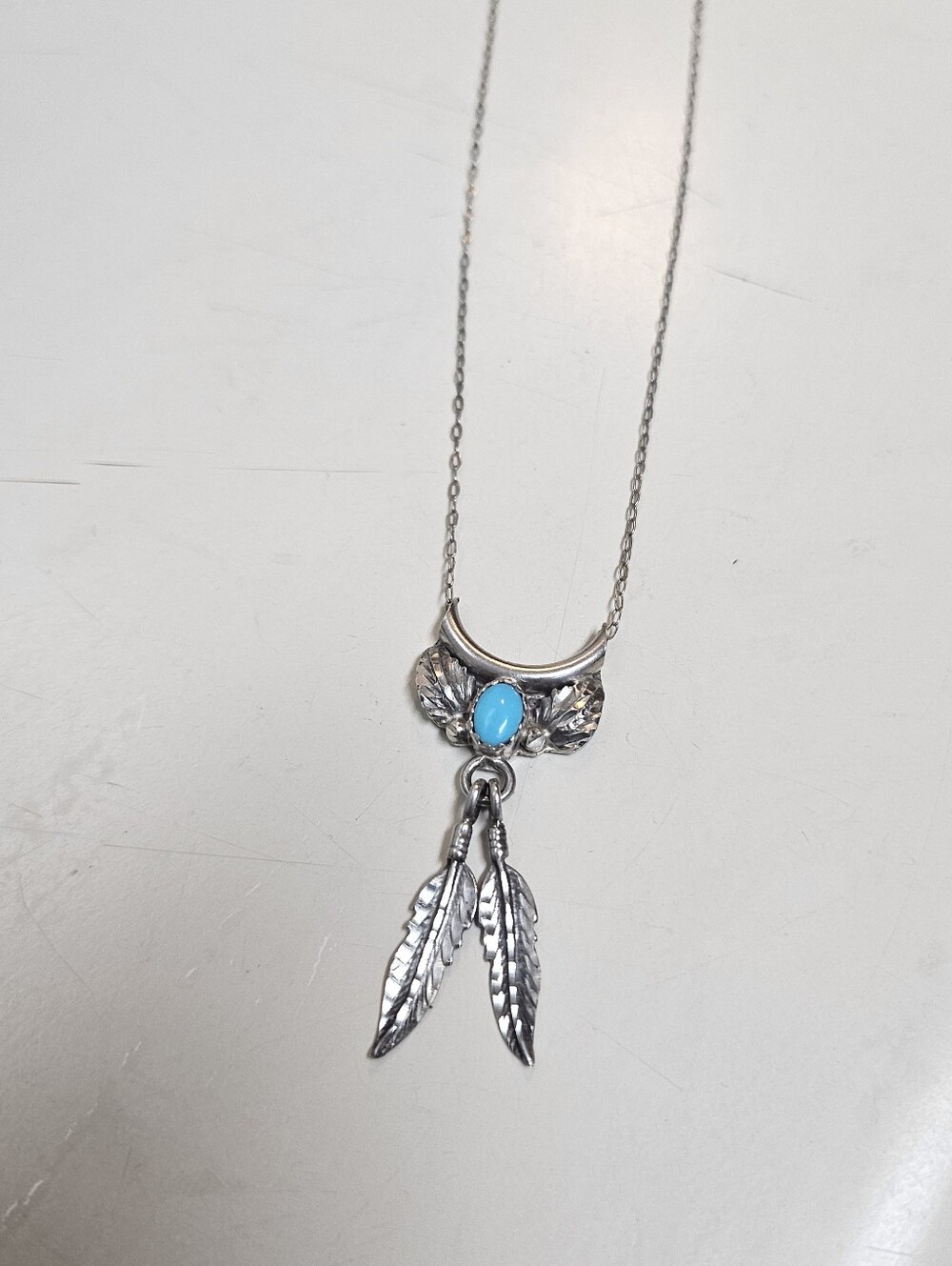Native American 925 Sterling Silver Kingman Turquoise Feather Necklace Signed